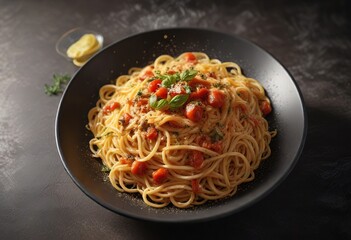 High-angle shot of steaming plate of spaghetti, rich, steaming hot