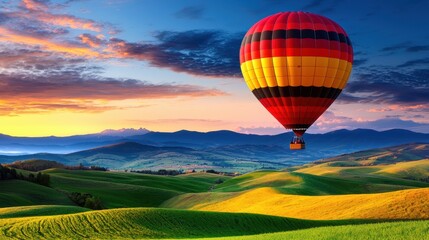 Fototapeta premium Colorful Hot Air Balloon Floating Over Vibrant Green Hills at Sunset in Beautiful Landscape