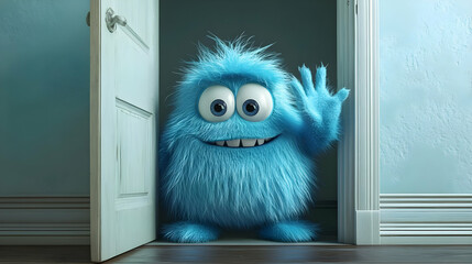 Playful Blue Furry Monster 3D Illustration