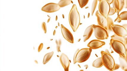 Golden pumpkin seeds levitate against a white background.