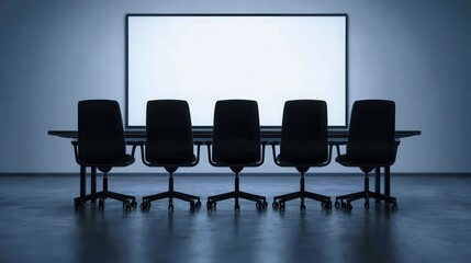 Empty Conference Room with Dark Chairs and Blank Projector Screen in Modern Office Setting