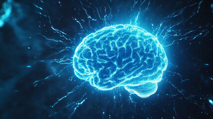 Luminous cerulean brain floating in dark space, surrounded by electric energy. This captivating image evokes sense of wonder and exploration of mind