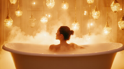 serene woman relaxes in luxurious bathtub surrounded by glowing lights and steam, creating tranquil atmosphere. warm ambiance enhances her peaceful expression