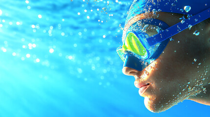 Diving swimmer with goggles underwater, showcasing determination and focus. vibrant blue water and bubbles create dynamic and energetic atmosphere