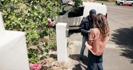 Woman, box and signature on tablet with delivery man, product and service for e commerce on sidewalk. Courier, client and above for writing, package and invoice with app on touchscreen for logistics