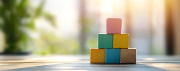 A colorful stack of blocks sits on a table, illuminated by soft sunlight, surrounded by greenery, suggesting a playful and creative atmosphere.