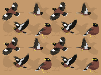 Myna Common Bird Flying Cartoon Character Seamless Wallpaper Background