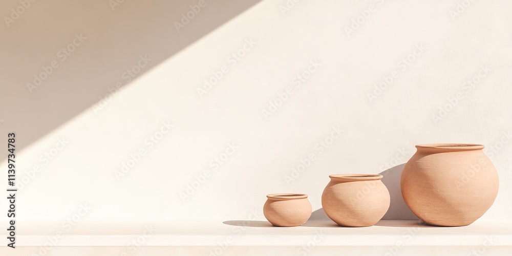 Poster Elegant arrangement of clay pots on a clean surface with shadows creating contrast in a minimalist setting