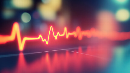 Close-up of an electrocardiogram (ECG) line with a heartbeat, a defocused background