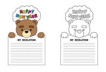 New Year Writing Resolution Craft Activity for Kids Animal Set Brown Bear