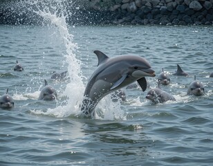 Fototapeta premium Two dolphins jumping out of the blue ocean, splashing water as they swim together in the wild