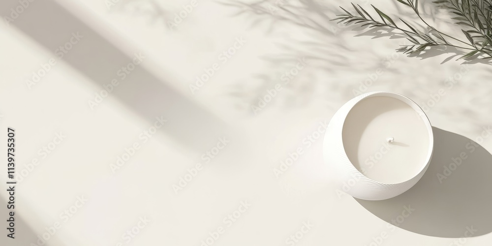 Poster scented candle on a clean surface with contrasting shadows and decorative foliage arranged neatly