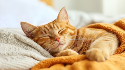 Relaxed Ginger Cat Sleeping Comfortably on Cozy Blanket in Sunlit Room
