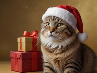 cat in santa hat with christmas gift