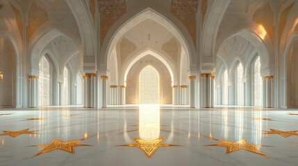 Obraz premium Grand mosque interior with marble floors and golden stars. Ideal for projects related to Islam, peace, or spirituality.