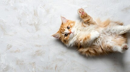 Playful Ginger Cat Lying on Its Back with Cute Expression on a Light Background
