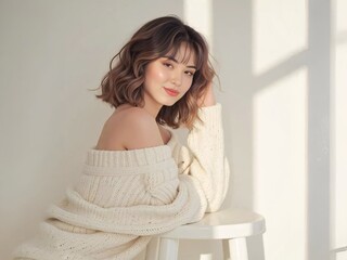 Naklejka premium Elegant Portrait of a Woman in Off-Shoulder Cream Knit Sweater in Natural Light