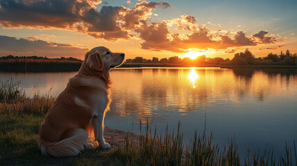 A golden retriever dog sitting by the lake at sunset, with the sun setting in front of it and reflecting on the water surface