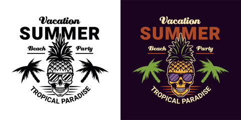 Skull pineapple cartoon character, summer theme vector emblem in two styles, black on white and colorful