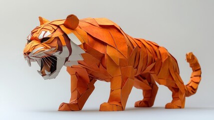 Low-poly origami tiger roaring, 3D render.
