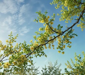 Obraz premium Individual branches with blooming flowers and leaves in shades of green and yellow against the pale blue of the sky, outdoor, foliage