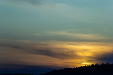 Horizon panorama and dramatic twilight sky and cloud sunset background. Natural sky background texture, beautiful color. Dark clouds, big storm and rain. Weather and nature concept