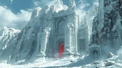 An icy fortress surrounded by mountains, featuring a striking red entrance.
