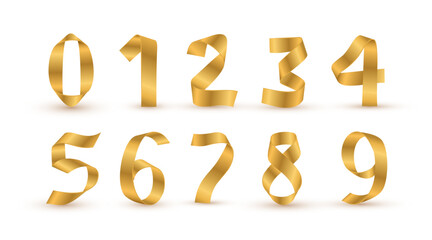 Golden ribbon 3D numbers set. Birthday golden luxury numbers. Collection of gold yellow isolated numbers. Bright realistic metallic 3D ribbon, vector design elements. Template golden numbers.