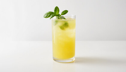 Refreshing Basil Lemonade in a Crystal-Clear Glass with Copy Space