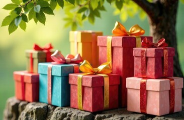 Obraz premium colorful boxes with ribbon under the tree 