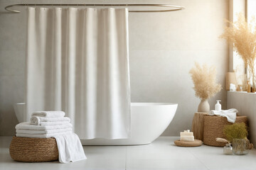 Serene Bathroom with Blank Shower Curtain and Neutral Accessories