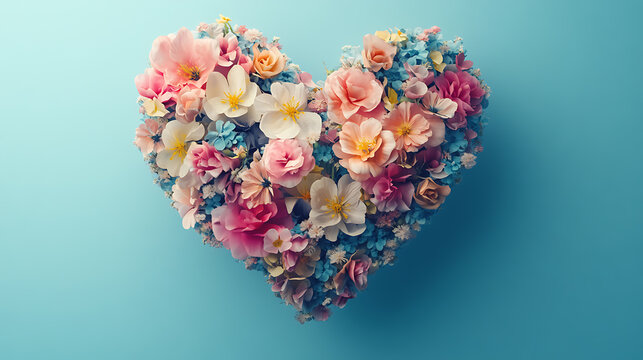 Fototapeta Heart-Shaped Floral Arrangement Against a Light Blue Background. A vibrant heart-shaped arrangement of various flowers, including roses, tulips, magnolias, and other blossoms, creates a romantic and s