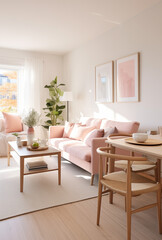 Fototapeta premium Modern living room with table, sofa and home plants.