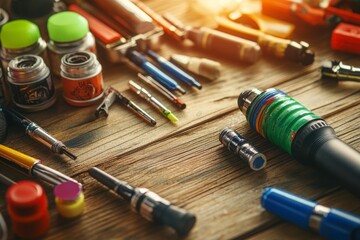 Colorful assortment of various writing tools and stationery items arranged neatly on a rustic wooden table, showcasing creativity and design elements in vibrant hues.