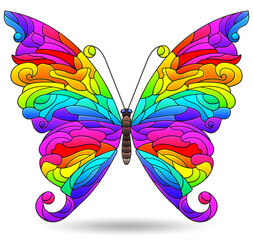 Illustration in a stained glass style with bright butterfly, insect isolated on a white background
