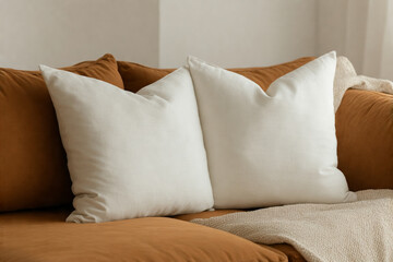 Cozy Living Room with Blank Throw Pillow Covers for Branding