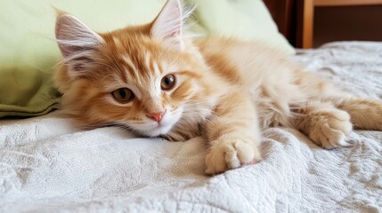 Adorable fluffy ginger cat relaxing comfortably on a cozy bed with soft sheets