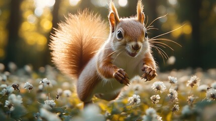 Obraz premium Squirrel mid-leap in a flower meadow, sunlit.