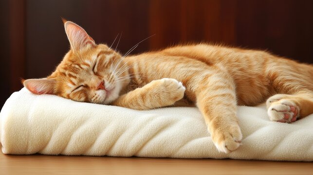 Cute Orange Cat Sleeping Peacefully on Soft Blanket in Cozy Indoor Setting