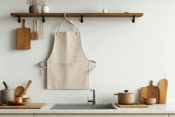 Modern Kitchen with Blank Apron Hanging on Rack