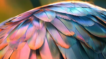 Obraz premium Iridescent bird feathers with vibrant pink, blue, and green hues.