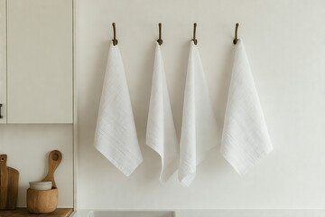 Neutral Kitchen Corner with Blank Tea Towels Hanging on Hooks