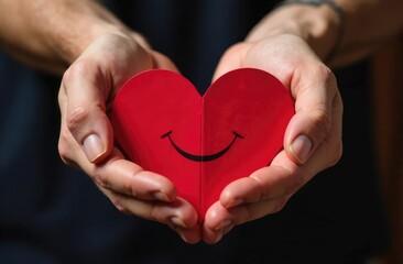 Obraz premium A red Paper Smiling Heart in the hands of a man. Love experiences, falling in love. Heart disease
