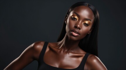 Elegance shines through golden makeup and graceful poses in a contemporary fashion portrait