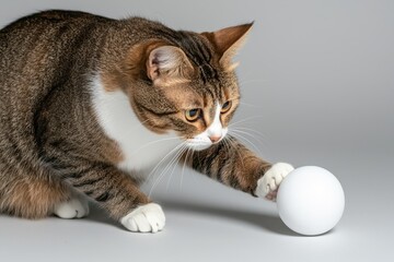 Curious Cat Interacting with White Ball on Grey Background in Studio Setting