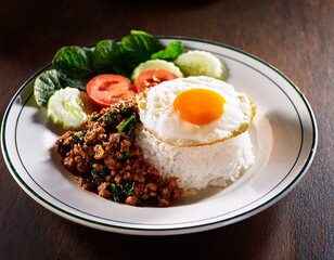 Thai Food Rice topped with egg and stir-fried beef and basil. Generated image