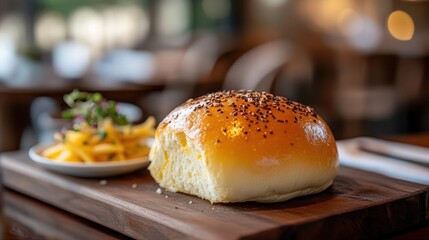 Gourmet Sesame Bun on Wooden Board