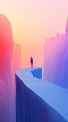 Silhouette person on narrow path between high cliffs at sunset.