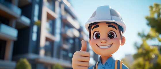 Engineer Theme, A cartoon construction worker is giving a thumbs up to a building