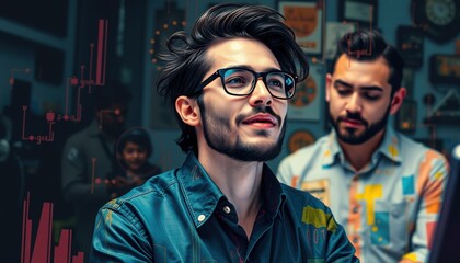 Engaging in strategic discussions amidst a backdrop of data analysis and creative collaboration